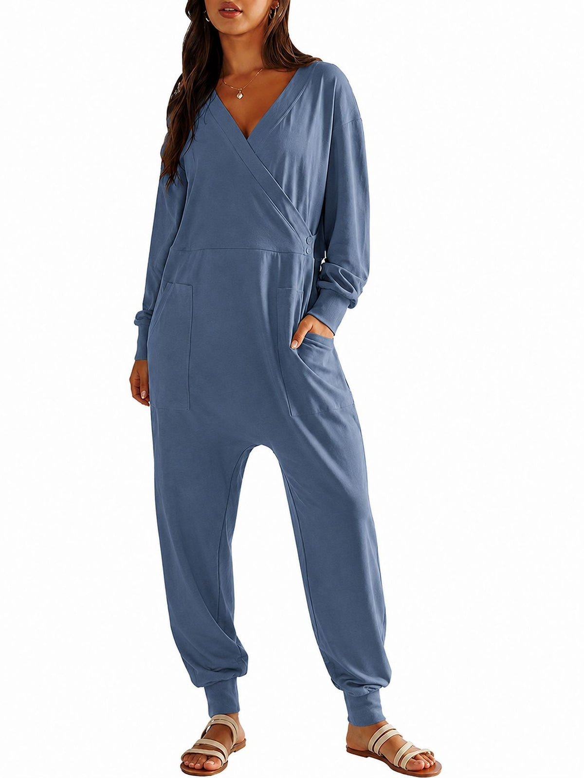 Loose-fit V-neck Casual Long-sleeve Jumpsuit