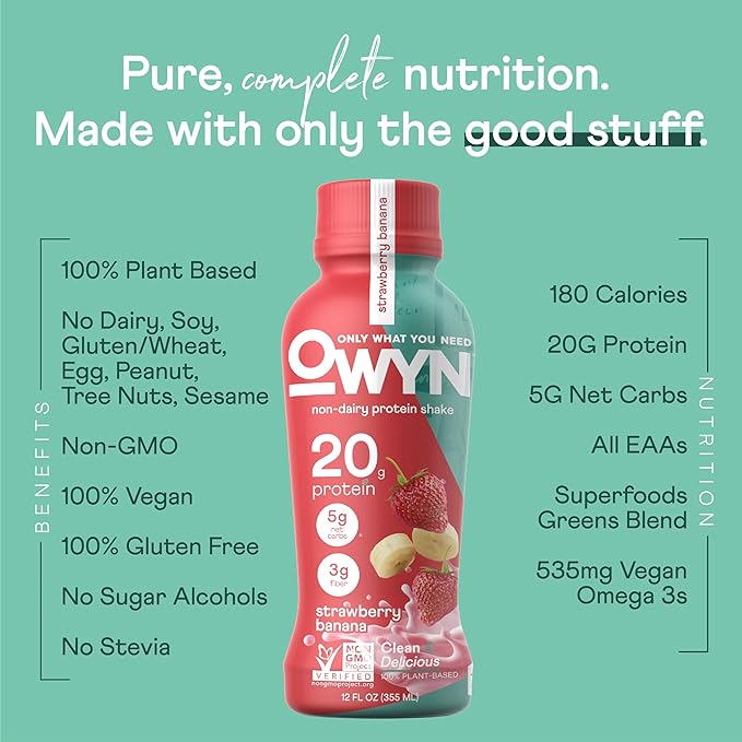 OWYN Only What You Need Protein Shake, 20g Vegan Protein, Ready to Drink, Dairy Free, Great Taste, 4g Sugar, 5g Net Carbs, Strawberry Banana Variety Pack, 12 Fl Oz (12 Pack)