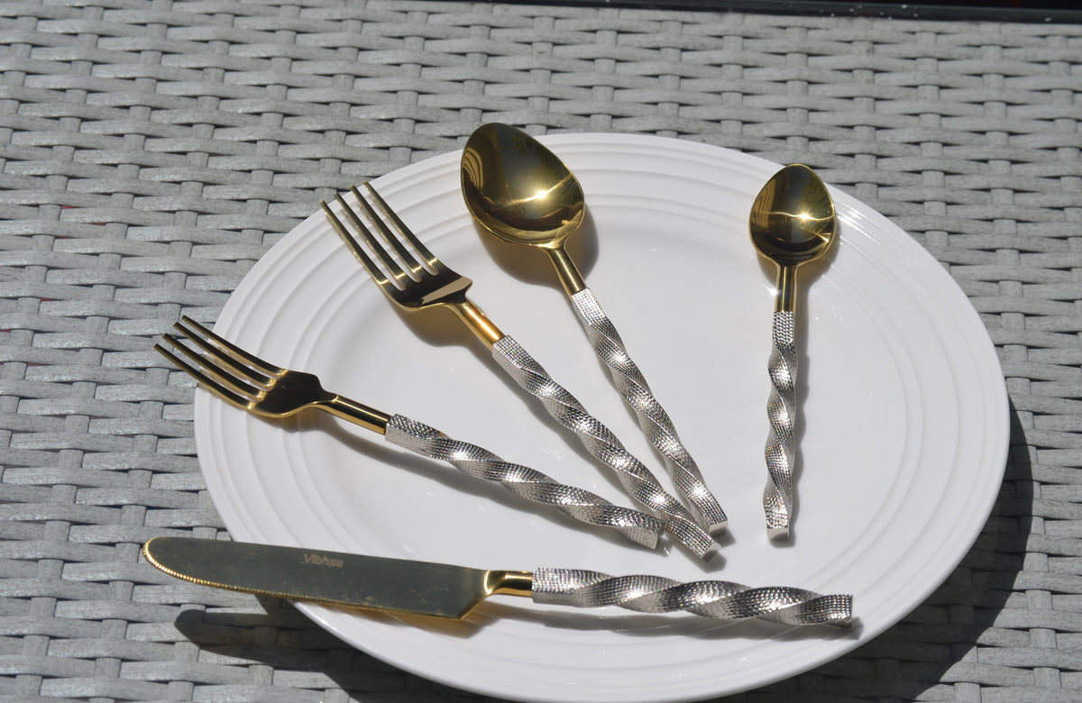 Vibhsa Gold Stainless Steel Flatware Set of 5 PC | Twisted Handle, Service for 1