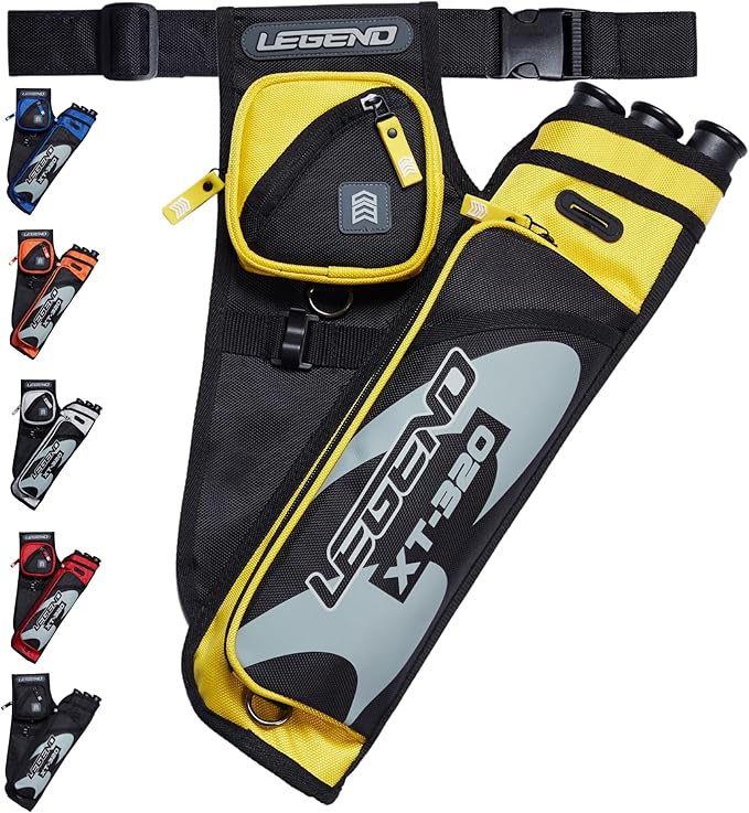 LEGEND XT320 Archery Quivers - Nylon Hip Quivers with 3 Arrow Tube Cases for Target Shooting - Adjustable Waist Belt, T-Slot, Storage Compartments for Accessories, Gear, Tools, Release Tab, Score Card