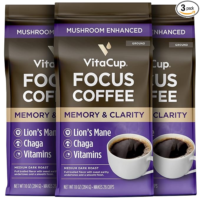 VitaCup Focus Mushroom Coffee Grounds, with Lions Mane, Chaga, B Vitamins, D3, Boost Focus, Immunity, Memory & Clarity, Medium Dark Roast, Bold & Smooth 100% Arabica Specialty, 3 bags, 10oz each
