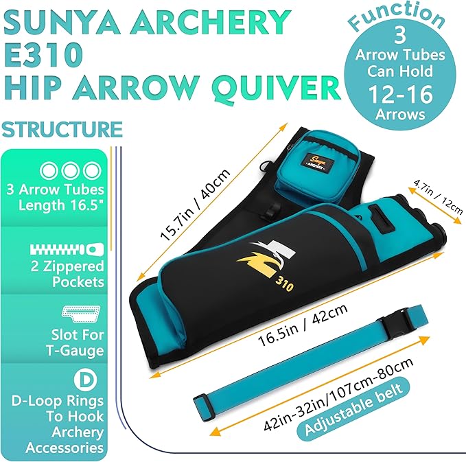 SUNYA Archery Hip Quiver for Arrows. Includes 3 Tubes Arrow Holder, Accessories Pockets and Waist Belt. Fit for Compound and Recurve Bow Practice.
