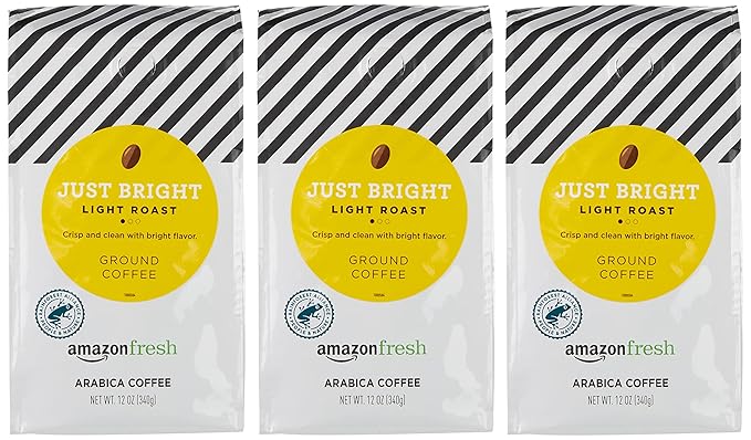 Amazon Fresh Just Bright Ground Coffee, Light Roast, 12 Ounce (Pack of 3)