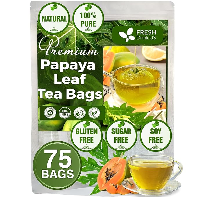 FreshDrinkUS, Premium 75 Papaya Leaf Tea Bags, 100% Natural & Pure from Papaya Leaves. Loose Leaf Papaya Herbal Tea. Made with Natural Material Tea Bags. No Sugar, No Caffeine, No Gluten, Vegan.
