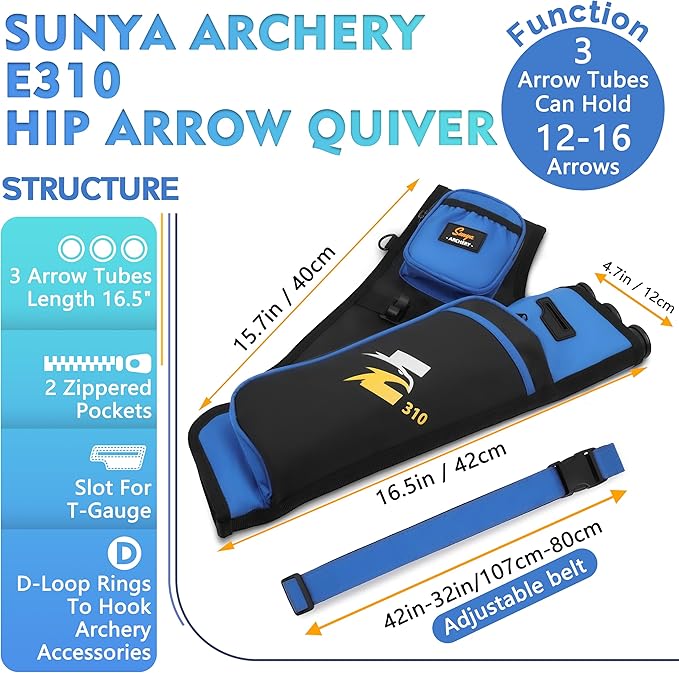 SUNYA Archery Hip Quiver for Arrows. Includes 3 Tubes Arrow Holder, Accessories Pockets and Waist Belt. Fit for Compound and Recurve Bow Practice.