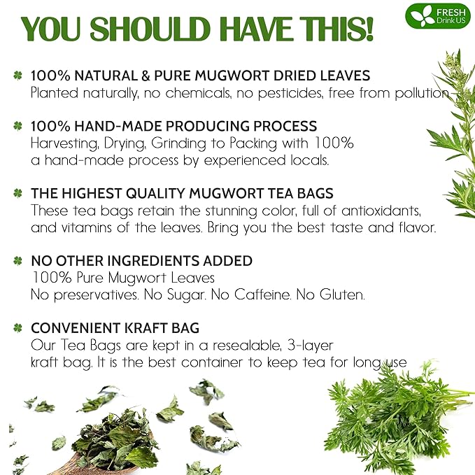 FreshDrinkUS, Premium 90 Mugwort Leaf Tea Bags, 100% Natural and Pure Mugwort Leaves. Loose Leaf Mugwort Herbal Tea. Mugwort Leaf Tea. No Sugar, No Caffeine, No Gluten, Vegan. (90 Tea Bags)