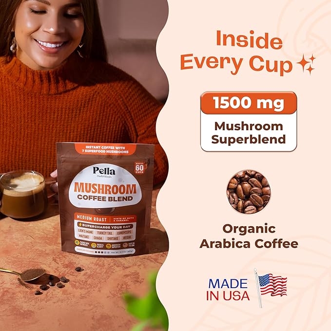 Pella Nutrition Organic Mushroom Coffee – Lions Mane, Reishi, Chaga, Cordyceps, Shiitake, Maitake & Turkey Tail – Superfood Instant Mushroom Coffee Blend for Focus & Energy (Regular Caffeine, 60 Cups)