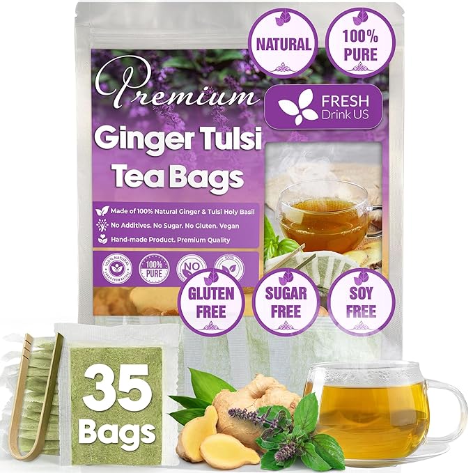FreshDrinkUS, Premium 35 Ginger Tulsi Tea Bags, 100% Natural, Hand-made Blend of Ginger and Tulsi Holy Basil Leaves, Eco-conscious Tea Bags. Ginger Tulsi Herbal Tea. No Sugar, No Caffeine, Vegan.