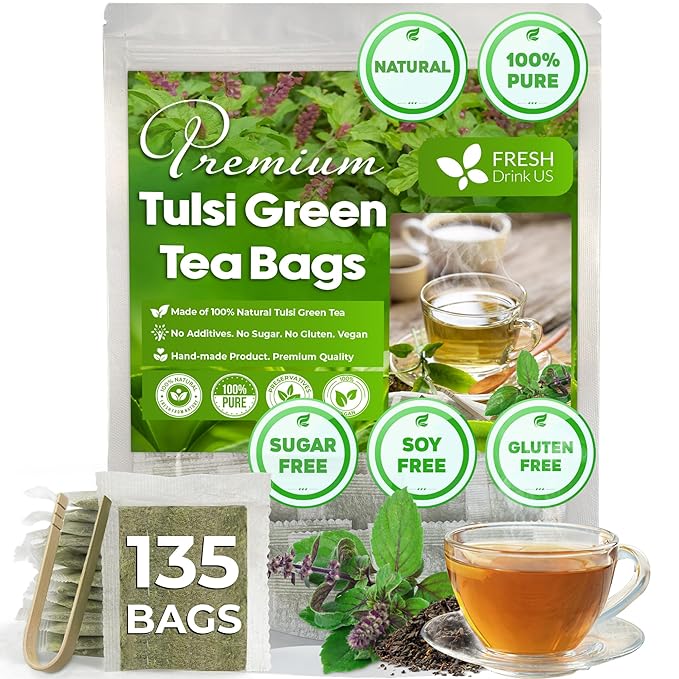 FreshDrinkUS, Premium 135 Tulsi Green Tea Bags, 100% Natural, Blend of Tulsi Holy Basil Leaves, and Green Tea Leaves. Made with Natural Material Tea Bags. No Sugar, Vegan.