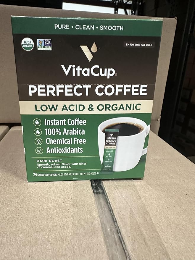 VitaCup Perfect Low Acid Instant Coffee Packets, Dark Roast Coffee, USDA Organic & Fair Trade, Third Party Tested for Mycotoxins & Pesticides, Single Origin, Clean & Pure, 24 ct