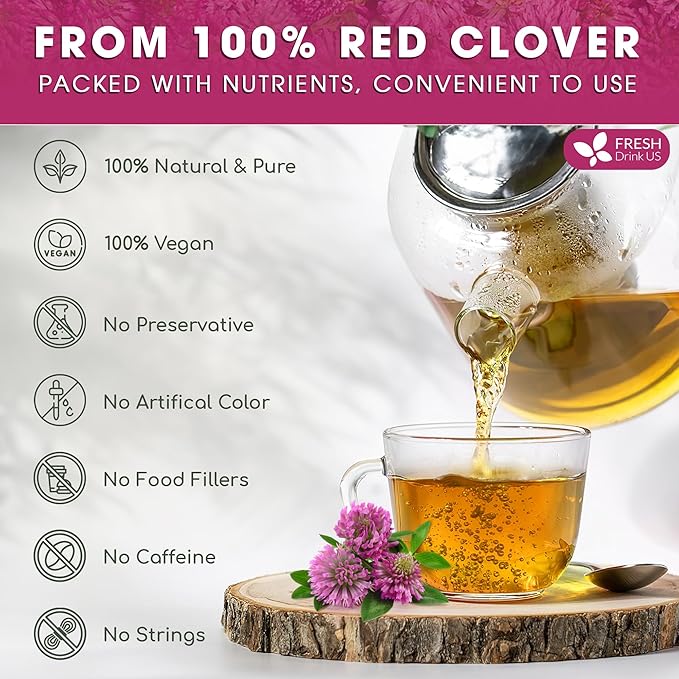 FreshDrinkUS, Premium Red Clover Herbal Tea– 55 Tea Bags – Pure – Naturally Smooth & Mild Flavor – Premium Quality, Eco-Conscious Packaging. Caffeine-Free. Gluten Free. Vegan