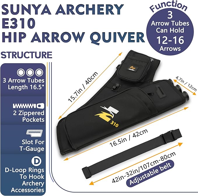 SUNYA Archery Hip Quiver for Arrows. Includes 3 Tubes Arrow Holder, Accessories Pockets and Waist Belt. Fit for Compound and Recurve Bow Practice.