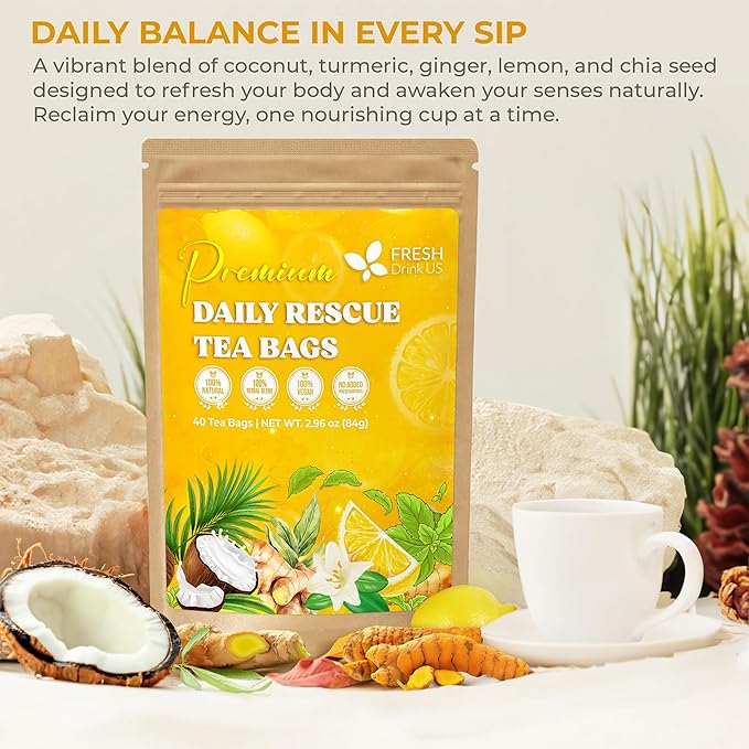 FreshDrinkUS, Premium 40 Tea Bags Daily Rescue Lemon Ginger Tea - 9 Superherbs – 100% Natural Ingredients, Tea Mix for Wellness Boost - Shelf-Stable, Caffeine-Free, Sugar-Free, Vegan