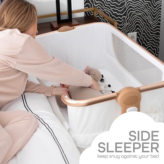 KoolerThings Baby Bassinet, Bedside Sleeper for Baby, Easy Folding Portable Crib with Storage Basket for Newborn, Bedside Bassinet, Comfy Mattress/Travel Bag Included (Bassinet) (White & Gold)