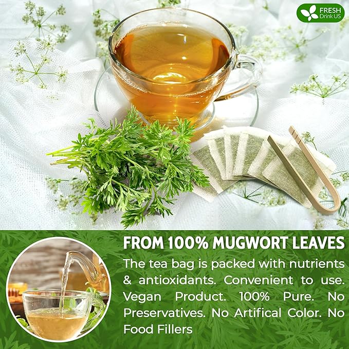 FreshDrinkUS, Premium 90 Mugwort Leaf Tea Bags, 100% Natural and Pure Mugwort Leaves. Loose Leaf Mugwort Herbal Tea. Mugwort Leaf Tea. No Sugar, No Caffeine, No Gluten, Vegan. (90 Tea Bags)