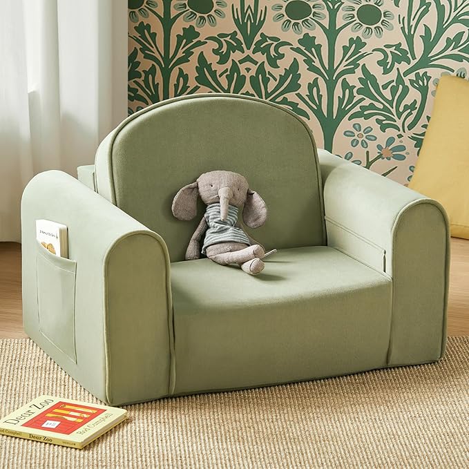 Tiny Land 2-in-1 Foldable Kids Couch with Pockets – Soft Thick Toddler Sofa, Lounger Couch, Convertible Kids Chair for Playroom, Bedroom or Living Room, Gift for Boys & Girls(Green)