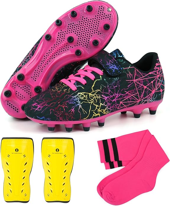 brooman Kids Firm Ground Soccer Cleats Girls Football Cleats with Shin Guards and Soccer Socks