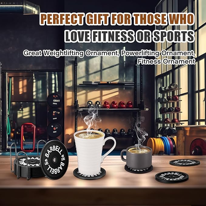 8 Pcs Barbell Bumper Plate Cool Coasters Round Silicone Coasters Weight Plate Coaster with Rack Holder for Gym Lovers Gym Accessories(Black)