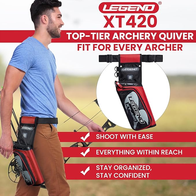 Legend XT420 Field Quiver - Left or Right-Handed Quiver Arrow Holder, Archery Quiver with 3 Arrow Tube, Durable Nylon Hip Quivers with Multiple Pockets for Archery Accessories, Score Card & Tools