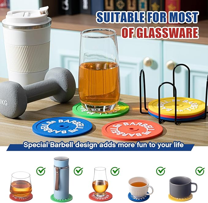 8 Pcs Barbell Bumper Plate Cool Coasters Round Silicone Coasters Weight Plate Coaster with Rack Holder for Gym Lovers Gym Accessories(Colorful)