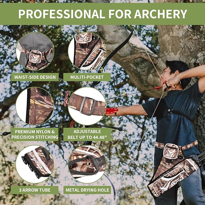 SPG Arrow Quiver Archery Hip Quiver, Durable Adjustable Waist Belt Three Arrows Tube for Arrow Storage Compound Bow Recurve Bow Accessories