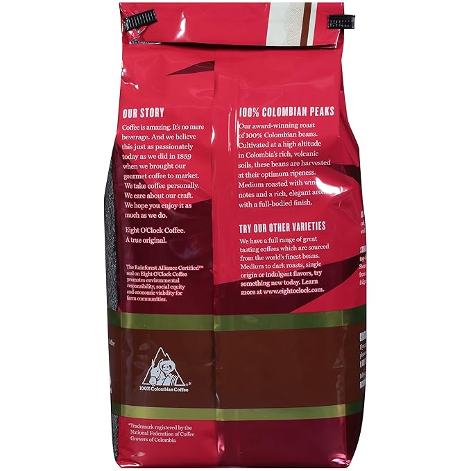 Eight O'Clock Coffee 100% Colombian Peaks, Medium Roast, Ground Coffee, 33 Ounce (Pack of 1), 100% Arabica, Kosher Certified