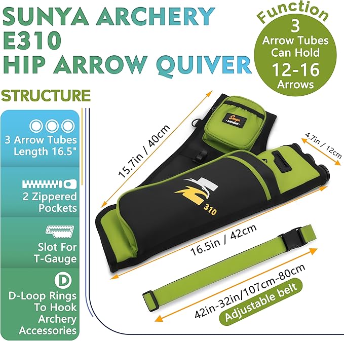 SUNYA Archery Hip Quiver for Arrows. Includes 3 Tubes Arrow Holder, Accessories Pockets and Waist Belt. Fit for Compound and Recurve Bow Practice.