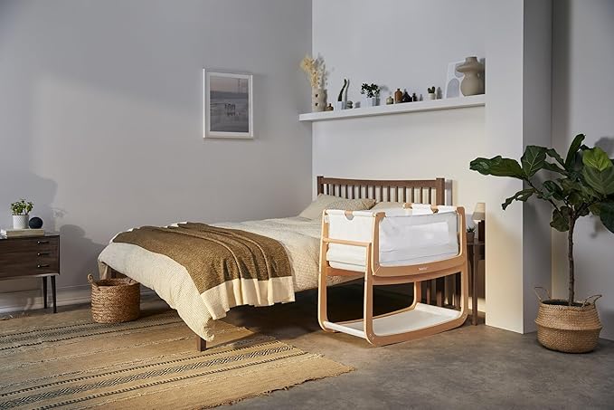 SnuzPod 4 Rocking Baby Bassinet Bedside Sleeper - Lightweight, Portable Bedside Bassinet, Lift Off Crib, Zip Down Wall, 3D Breathable Mattress, 6 Height Settings and Comfort Incline Mode, Natural