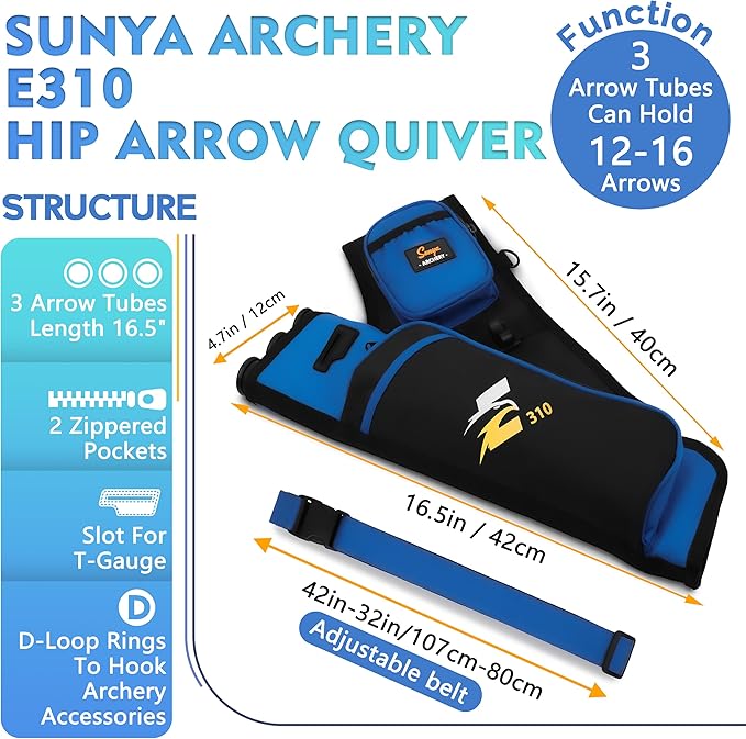 SUNYA Archery Hip Quiver for Arrows. Includes 3 Tubes Arrow Holder, Accessories Pockets and Waist Belt. Fit for Compound and Recurve Bow Practice.