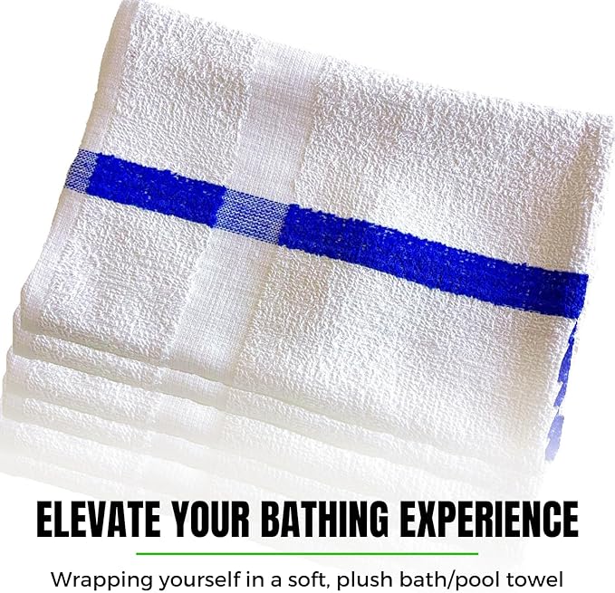 Towels N More 24x48 Soft Poolside Towels 6 Large Super Absorbent White Pool Towel with Blue Center Stripe for Home Pool Spa Gym Hotel Motel as Bath Towels