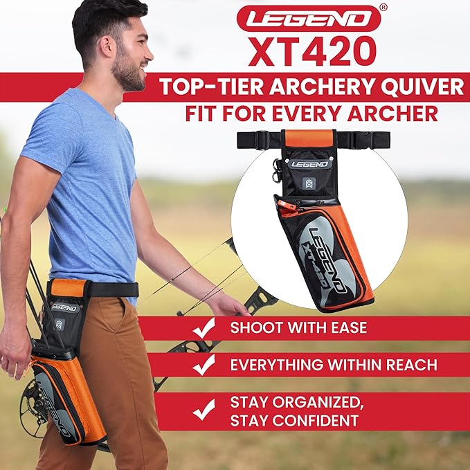 Legend XT420 Field Quiver - Left or Right-Handed Quiver Arrow Holder, Archery Quiver with 3 Arrow Tube, Durable Nylon Hip Quivers with Multiple Pockets for Archery Accessories, Score Card & Tools