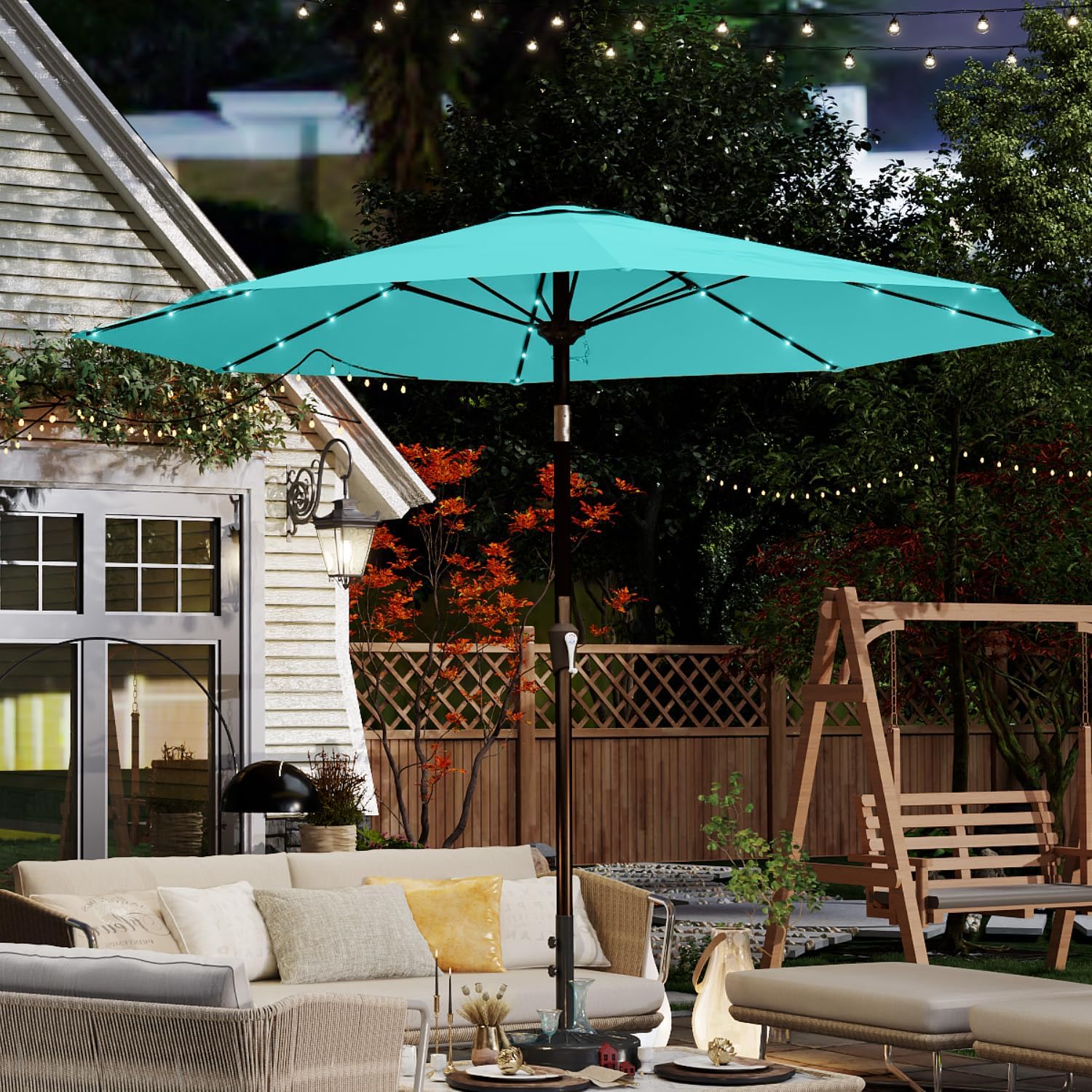 aqua patio umbrella with lights Buy 10FT Solar 32 LED Lighted Umbrella Table Market Umbrella w/Tilt and Crank, UV-Resistant Outdoor Umbrella for Pool, Garden, Deck, Blue The North Face Recon LEO This solar LED patio Size:One Size: 5'0