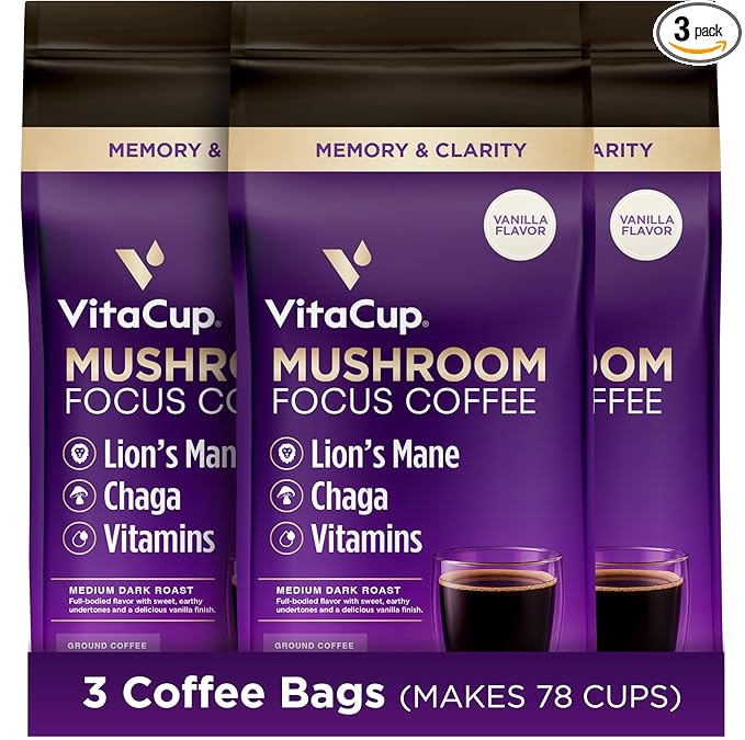 VitaCup Focus Mushroom Coffee Grounds, Vanilla Flavored Coffee with Lions Mane, Chaga, B Vitamins, D3, Boost Focus, Immunity, Memory & Clarity, Medium Dark Roast, 100% Arabica Specialty, 3 bags, 10 oz each