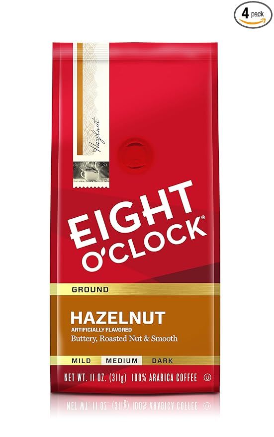Eight O'Clock Coffee Hazelnut Ground Coffee, Medium Roast, 11 Ounce (Pack of 4) - Buttery, Smooth & Nutty