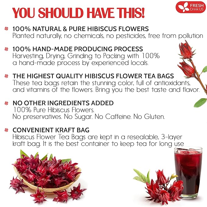 FreshDrinkUS Premium 40 Hibiscus Tea Bags, 100% Natural, Pure Hibiscus, Loose Flower Herbal Tea. No Sugar, No Caffeine, No Gluten, Vegan
