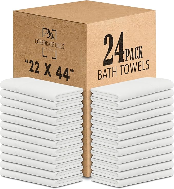 CH White Bath Towels Bulk - 22 x 44 Inches, 100% Cotton Economy Light Weight Towels for Commercial Use - Quick Dry, Ultra-Soft, and Absorbent Bulk Towels (24 Pack)