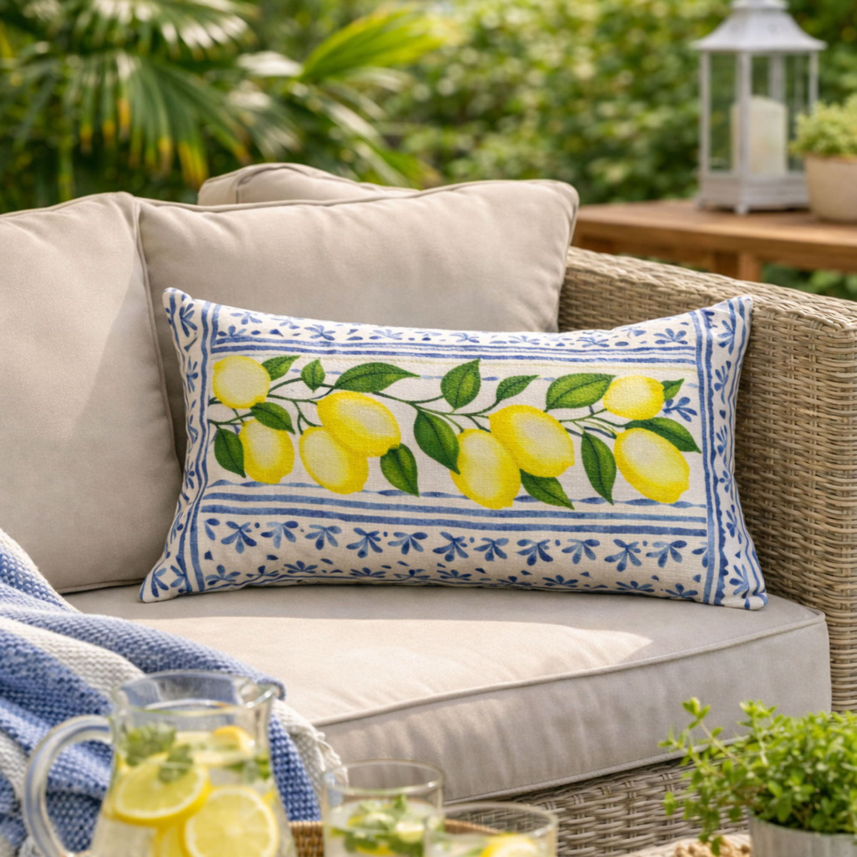 Summer Fresh Lemon Lumbar Outdoor Pillow with Weather-Resistant Fabric - Multi
