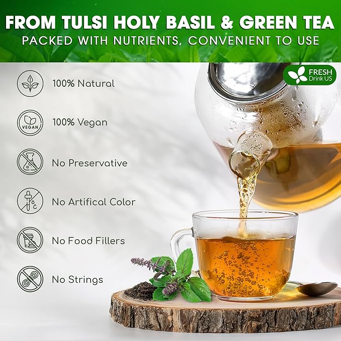 FreshDrinkUS, Premium 135 Tulsi Green Tea Bags, 100% Natural, Blend of Tulsi Holy Basil Leaves, and Green Tea Leaves. Made with Natural Material Tea Bags. No Sugar, Vegan.