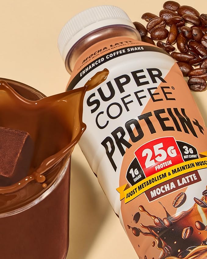 SUPER COFFEE Protein+, Keto Protein Coffee (0g Added Sugar, 25g Protein, 150 Calories) [Mocha] 12 Fl Oz, 12 Pack | Iced Smart Coffee Drinks