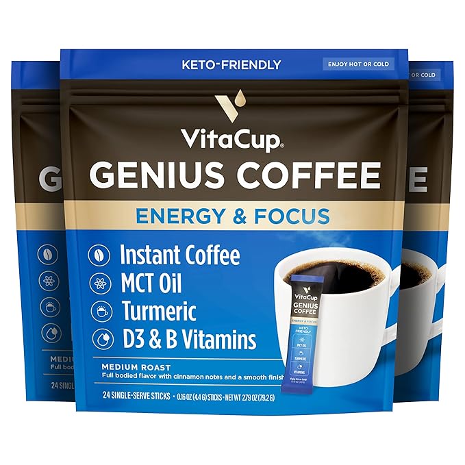 VitaCup Genius Instant Coffee Packets, Increase Energy & Focus, Keto Coffee, Serve Hot or Cold Brew, MCT Oil, Turmeric, B Vitamins, D3, Bold & Smooth,100% Arabica Coffee in Single Serve Sticks, 72 Ct