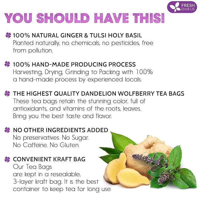 FreshDrinkUS, Premium 35 Ginger Tulsi Tea Bags, 100% Natural, Hand-made Blend of Ginger and Tulsi Holy Basil Leaves, Eco-conscious Tea Bags. Ginger Tulsi Herbal Tea. No Sugar, No Caffeine, Vegan.