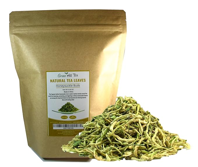 Greenhilltea traditional health herbs, Premium Honeysuckle buds, honey suckle tea NO GMO, NO Additives, Caffeine free dried herbal tea 5 OZ