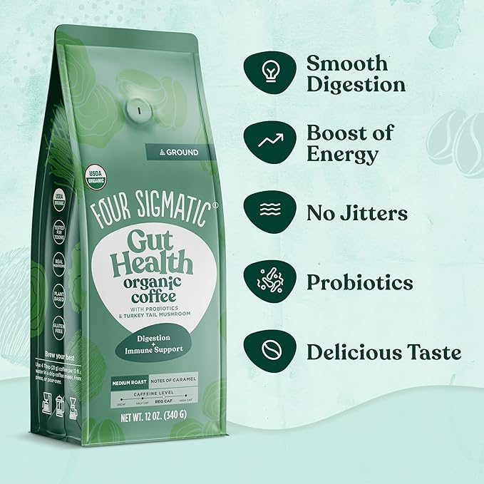 Four Sigmatic Gut Health Organic Ground Coffee | Medium Roast, Immune Boosting Probiotic Mushroom Coffee with Chaga & Turkey Tail for Gut Health & Immune Support | 12oz Bag