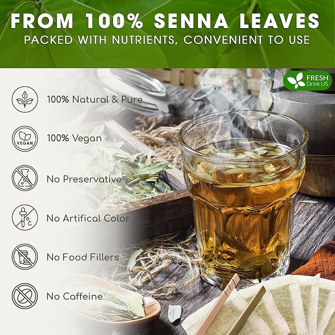 FreshDrinkUS, Premium 135 Senna Leaf Tea Bags, 100% Natural & Pure from Senna Leaves. Loose Leaf Senna Herbal Tea, Made with Natural Material Tea Bags. No Sugar, No Caffeine, No Gluten, Vegan.