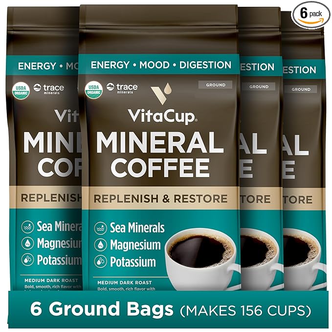 VitaCup Mineral Coffee with Trace Minerals, Hydrate, Replenish & Restore w/All Natural Sea Minerals, Electrolytes, Organic, Single Origin, Medium Dark Roast, Ground Coffee, 6 Bags 10oz Each