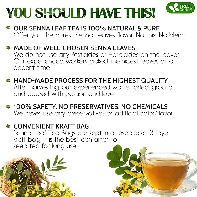 FreshDrinkUS, Premium 135 Senna Leaf Tea Bags, 100% Natural & Pure from Senna Leaves. Loose Leaf Senna Herbal Tea, Made with Natural Material Tea Bags. No Sugar, No Caffeine, No Gluten, Vegan.