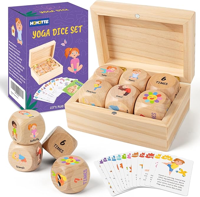 Wooden Yoga Dice Set for Kids, Fun Workout Game with 6 Exercise Dice, 12 Yoga Cards & A Box, Mindfulness Mother's Day Christmas Yoga Set for Girls & Beginners