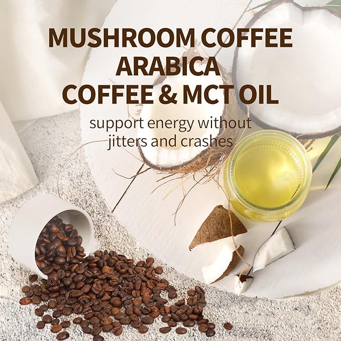 GANOHERB Instant Mushroom Coffee Powder, Arabica Coffee Mix with 5 Adaptogen Mushrooms, Lions Mane, Reishi, Chaga, Cordyceps, Shiitake and MCT Oil for Energy and Focus, 6.35oz, 30 Servings