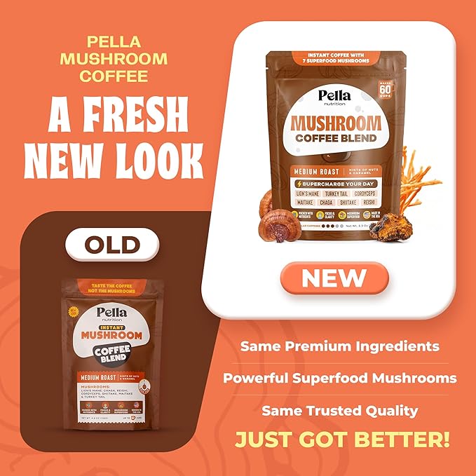 Pella Nutrition Organic Mushroom Coffee – Lions Mane, Reishi, Chaga, Cordyceps, Shiitake, Maitake & Turkey Tail – Superfood Instant Mushroom Coffee Blend for Focus & Energy (Regular Caffeine, 60 Cups)