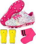 brooman Kids Firm Ground Soccer Cleats Girls Football Cleats with Shin Guards and Soccer Socks